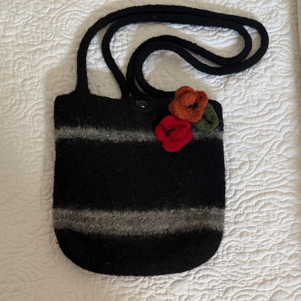 Hand Crafted Black and Gray Shoulder Bag with Floral Design